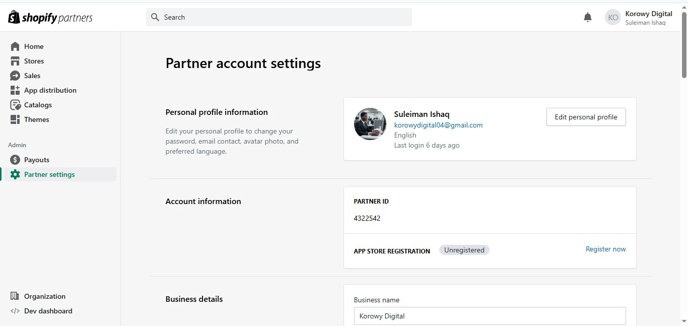 Shopify Partner account settings