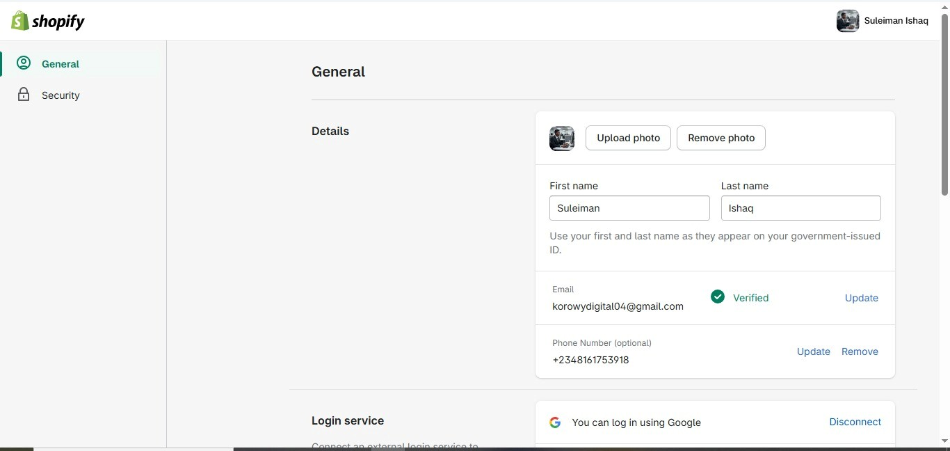Shopify account details